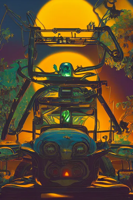 Image similar to mechancial animal, art by alex schomburg and syd mead, trending on artstation, bioluminescence rear view in the golden hour, stuckism, 4 k hd wallpaper, fantasy artist, gond painting
