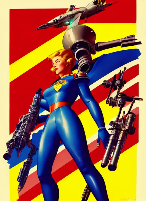 Image similar to american propaganda poster art. powerful cyberpunk pilot. portrait by jean giraud and anton otto fischer and john philip falter and will eisner and gil elvgren and pixar. full body. realistic proportions. science fiction d & d. overwatch, rb 6 s, cyberpunk 2 0 7 7, blade runner 2 0 4 9 concept art. cel shading. thick lines.