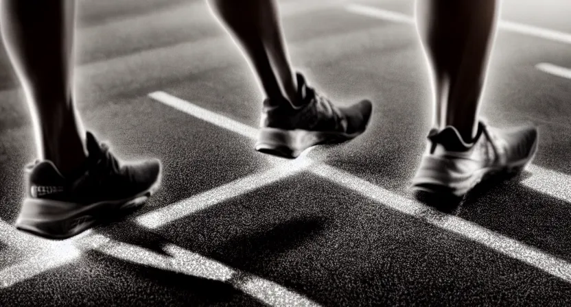 Image similar to close up on worn out running shoes running on a treadmill. cinematic lighting. dark and moody lighting. octane render. dark subdued tones.