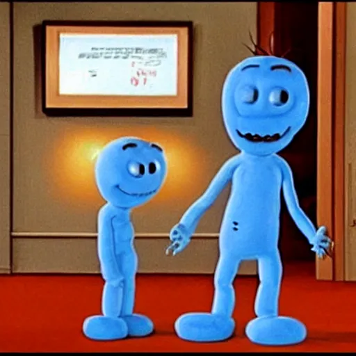 Image similar to still image of hyper realistic mr. meeseeks as a guest star on seinfeld, cinematic ( 1 9 9 4 )