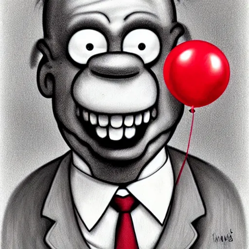 Image similar to surrealism grunge cartoon portrait sketch of homer simpson with a wide smile and a red balloon by - michael karcz, loony toons style, corpse bride style, horror theme, detailed, elegant, intricate