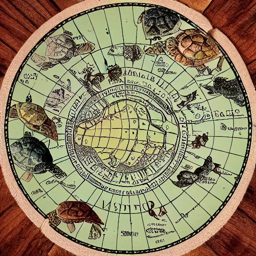 Image similar to a stack of turtles beneath a round disc showing a map of the earth