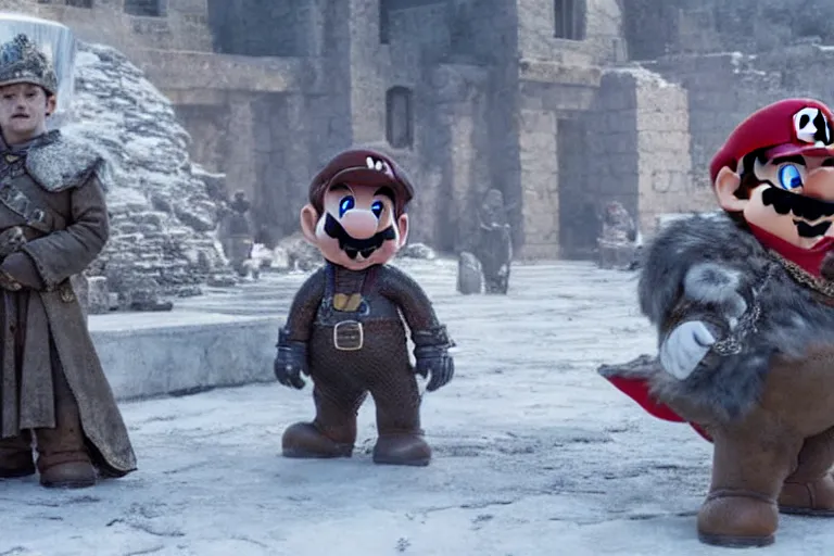 Image similar to promotional image of Super Mario in Game of Thrones, realistic, detailed face, movie still frame, promotional image, imax 70 mm footage