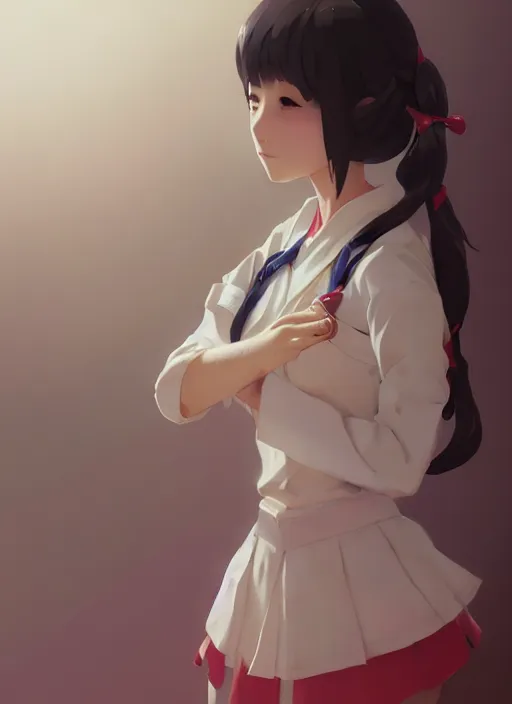 Prompt: gorgeous feminine Japanese schoolgirl, elaborate polished, trending on ArtStation, by Studio Ghibli, WLOP, Ilya Kuvshinov, Krenz, Cushart, Greg Rutkowski, sublime-classy-dignified ambience, 16k, sharp focus, volumetric lighting