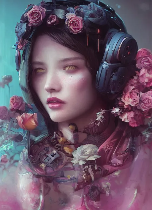 Image similar to portrait of a seductive female with flowers, cyberpunk cyborg. roses, muted colors, sci fi, intricate abstract upper body intricate artwork, by tooth wu, wlop, beeple, dan mumford. concept art, octane render, deviantart, greg rutkowski, cinematic arthouse, key art, hyper realism