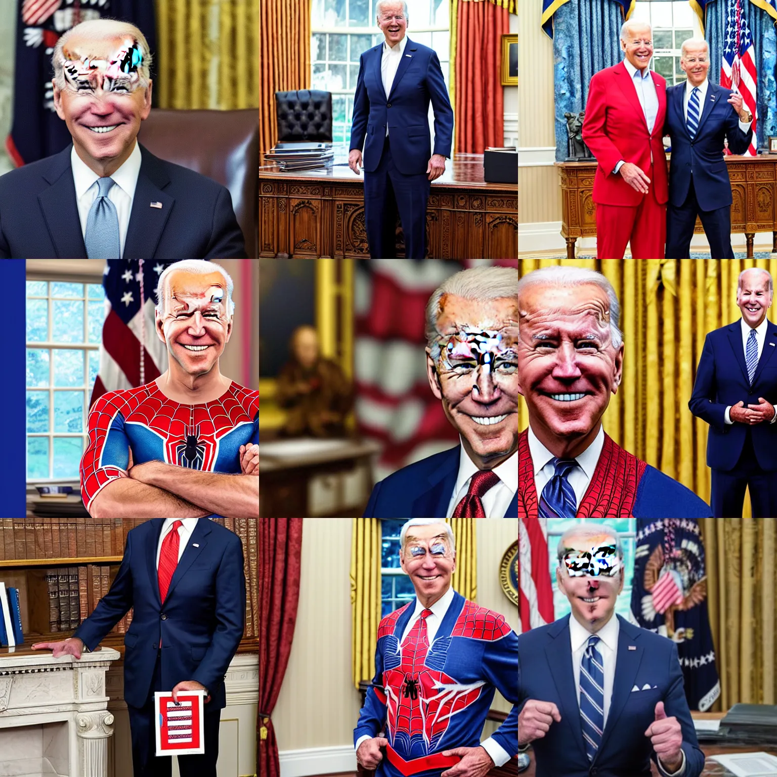 Image similar to professional head shot of joe biden wearing spiderman pajamas and standing in the oval office, very detailed, very intricate, detailed face,