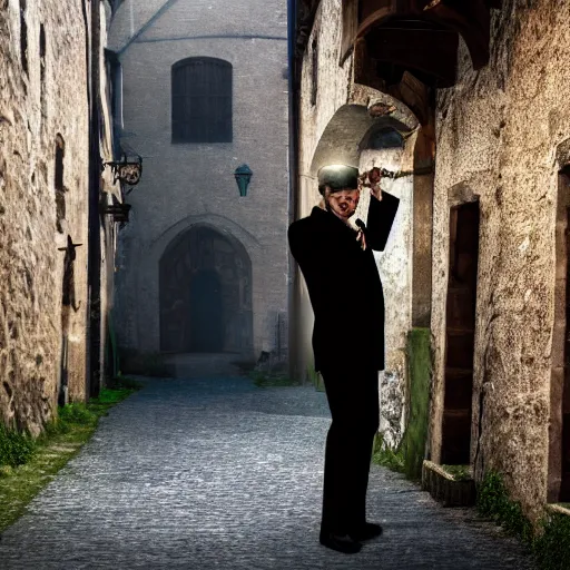 Prompt: A mage wearing formal suit in an Alley of a medieval town casting an spell using a magic circle, 4k, digital art