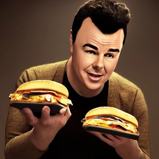 Prompt: hyperrealistic mixed media image of seth macfarlane eating a cheeseburger, stunning 3 d render inspired art by istvan sandorfi and greg rutkowski, perfect facial symmetry, realistic, highly detailed attributes and atmosphere, dim volumetric cinematic lighting, 8 k octane extremely hyper - detailed render, post - processing, masterpiece,