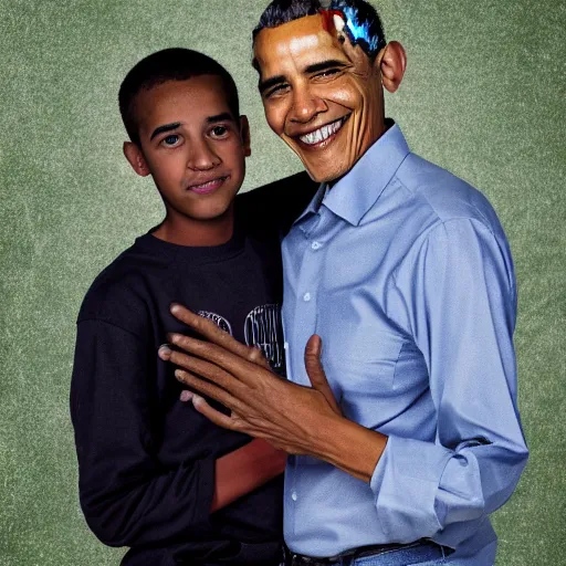 Image similar to A portrait Obama teams up with a teenage Obama, perfect faces, 50 mm, award winning photography