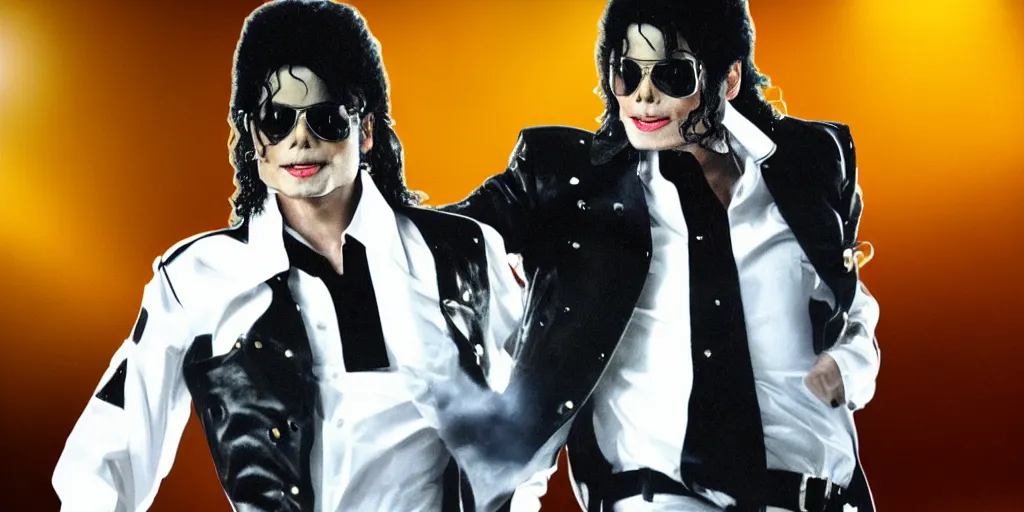 Image similar to michael jackson 2 0 0 9 wearing shades, this is it, photo real, motion blur, solo dancing on stage, by himself, real life, spotted, ultra realistic face, accurate, 4 k, movie still, uhd, sharp, detailed, cinematic, render, modern
