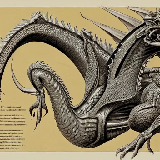 Prompt: anatomy of a dragon, detailed, ornate, ancient textbook