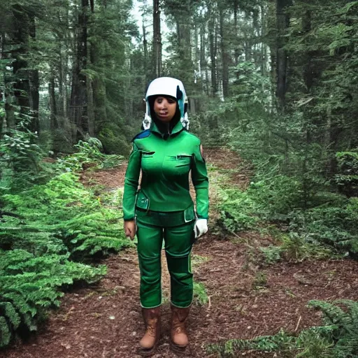 Prompt: a female space scout wearing a green uniform with white armor exploring a forest planet