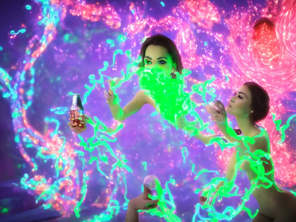 Prompt: a hyperrealistic portrait render of a beauty queen opening a bottle of glowing worms and drinking fluorescent liquid in the cosmos, unreal engine 8k