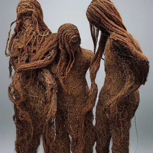 Image similar to dmt bodies. Mesh of human figures intertwined. earthen colors. The medium of this sculpture is human hair. A mess of human hair. Matted hair woven dreadlock sculpture. Tangled splitend hair. barbershop floor. Sculpted of coconut fibers. Surreeal fibrous art. Designed by August Rodine.