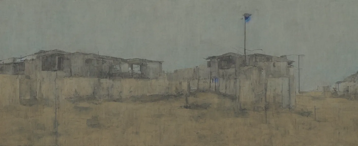 Image similar to a chinese prison near a river by peter doig, muted colors