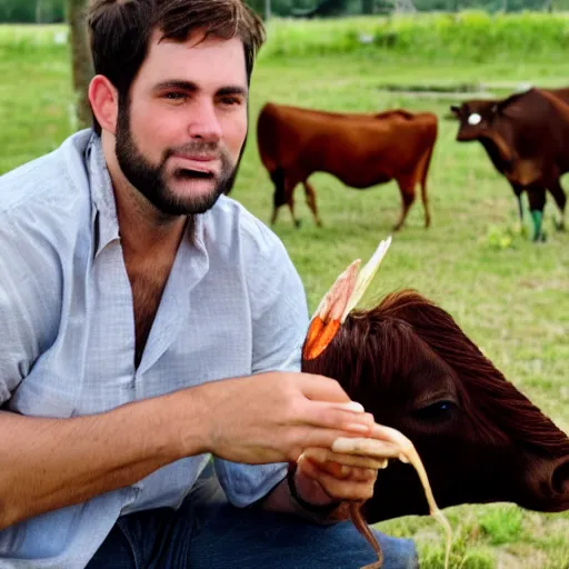 Image similar to an attractive man with brown hair eating shrimp while riding a cow