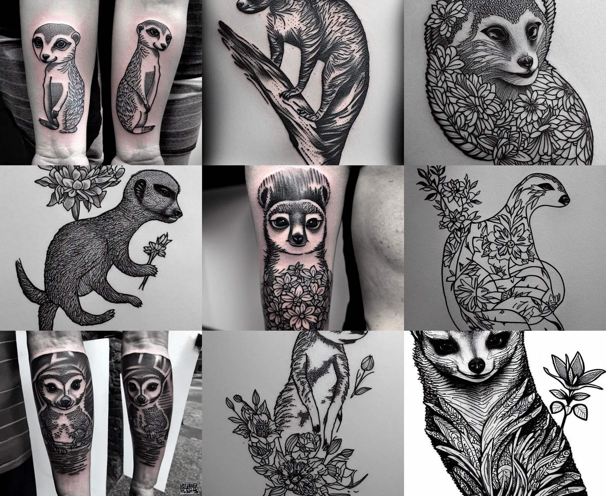 Image similar to detailed amazing tattoo stencil of a meerkcat standing flowers