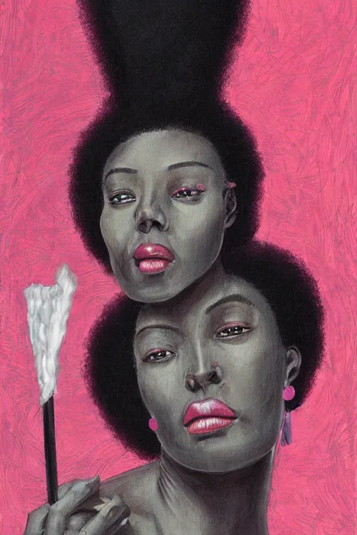 Image similar to A beautiful tall black woman with dark skin and a pink afro, looking at you from across the bar, holding a lit cigarette, digital art, oil painting, clean lines, drawn by H.R Giger