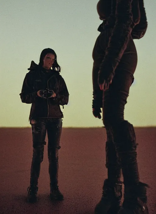 Image similar to cinestill 5 0 d photographic portrait of two loving female androids wearing rugged black techwear on a desolate plain with a red sky, extreme closeup, lizard on ground, cyberpunk style, in front of a brutalist dark metal facility, dust storm, 3 5 mm, 8 k, f / 3 2, high resolution, ultra realistic faces