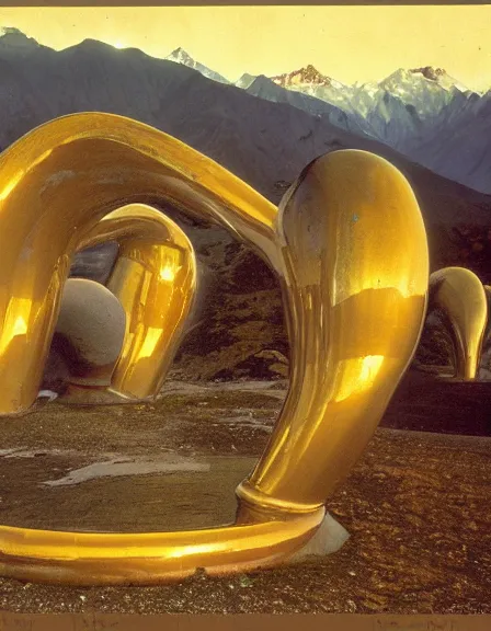 Image similar to vintage color photo of a giant liquid gold sculputure in Cordillera De Los Andes, 8k definition