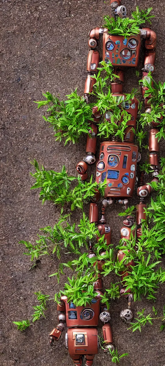 Image similar to award winning photo of modern robot body rusty and filled with plants, stunning, 4 k, detailed, top - down, realistic