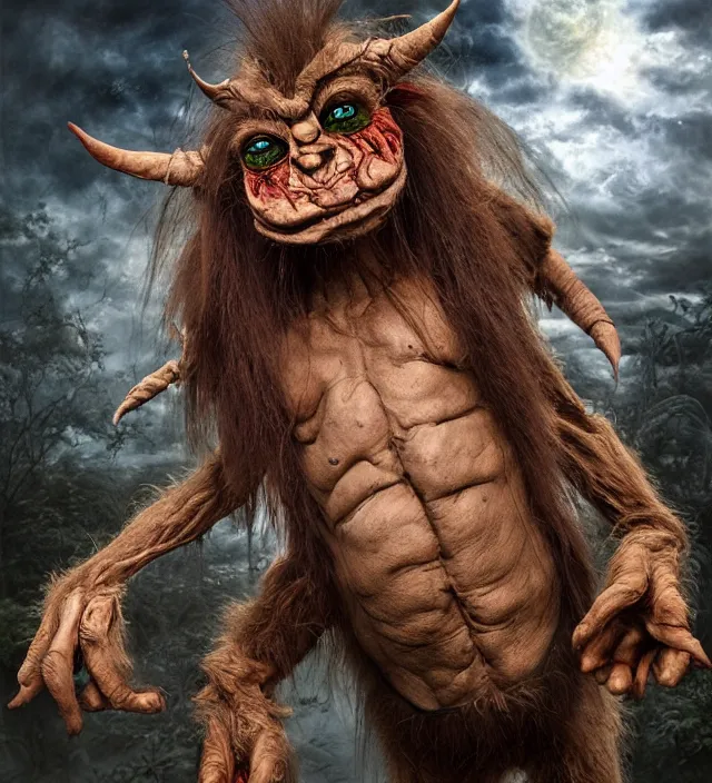 Image similar to hyper realistic photography of indonesian demon hairy fluffy muppet show horror nightmare elf goblin monster with long arms, ventriloquist, human anatomy, real teeth, full body, cinematic symmetric dark _ crystal, brian froud, alan lee, jean baptiste monge, scott radke