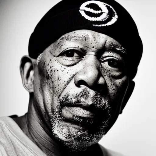 Image similar to a studio photograph of Morgan Freeman dressed as Tupac, 40mm lens, shallow depth of field, split lighting