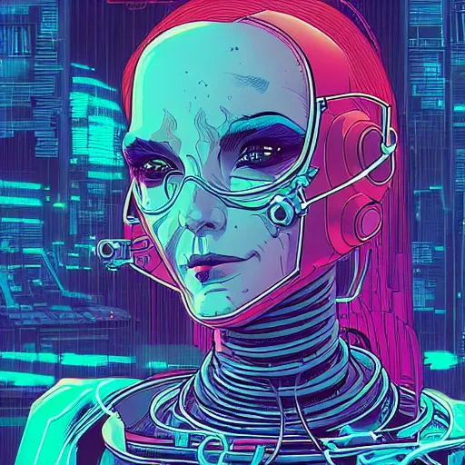 Prompt: a portrait of a beautiful cybernetic woman connected to a synthesizer from hell, wires, cyberpunk concept art by josan gonzales and dan mumford