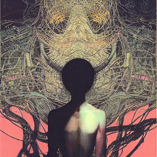 Prompt: simple concept art portrait of, ‘ the alien ’. an award winning yoshitaka amano digital art poster, by james gurney and gerhard richter. art by takato yamamoto. masterpiece, rich colours.
