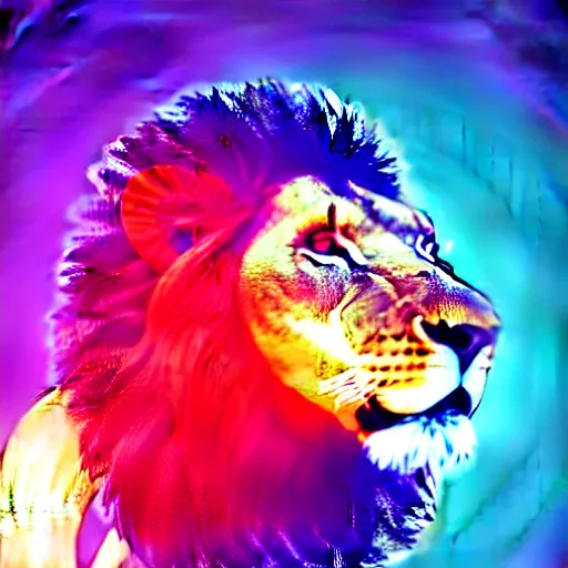 Image similar to portrait of a lion wearing a futuristic helmet, synth - wave,