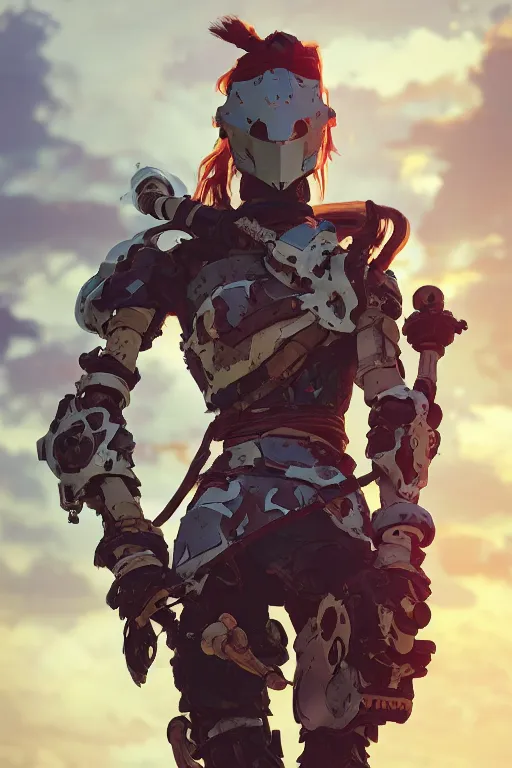 Image similar to combination suit armor aloy horizon forbidden west horizon zero dawn robot ninja mask helmet backpack tribal, aesthetic octane render, 8 k hd resolution, by ilya kuvshinov and cushart krentz and gilleard james radiating a glowing aura cgi rtx 2 0 2 2