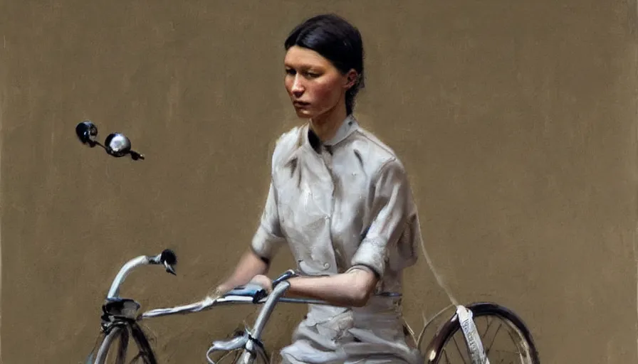 Prompt: painting by borremans, bella hadid riding a bike, detailed, stunning