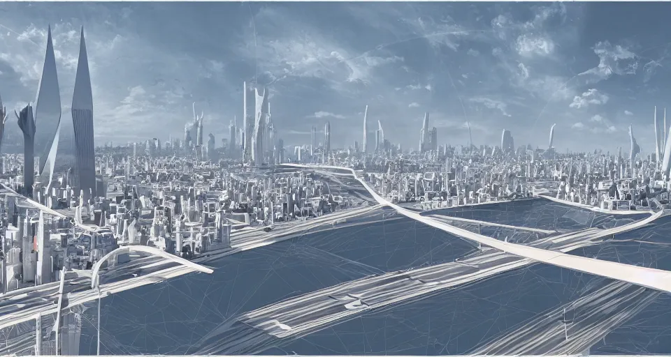 Image similar to view on futuristic city in the horizon, illustration by santiago calatrava, detailed, sharp, 8 k