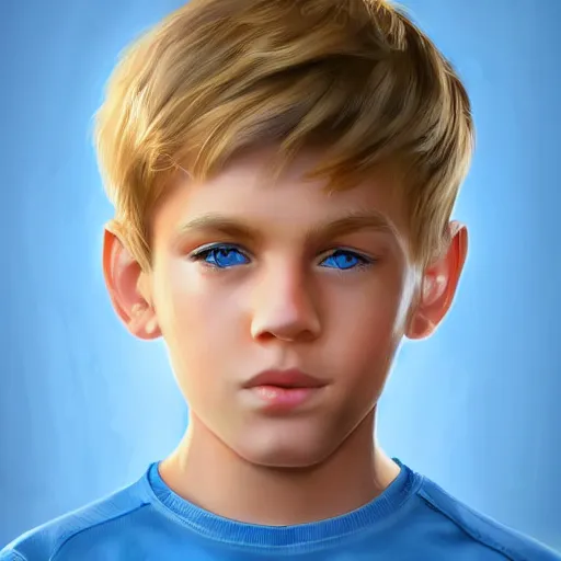 Image similar to a detailed full body portrait of a blonde boy with blue eyes, digital concept art illustration, incredibly detailed and realistic, 8 k, sharp focus