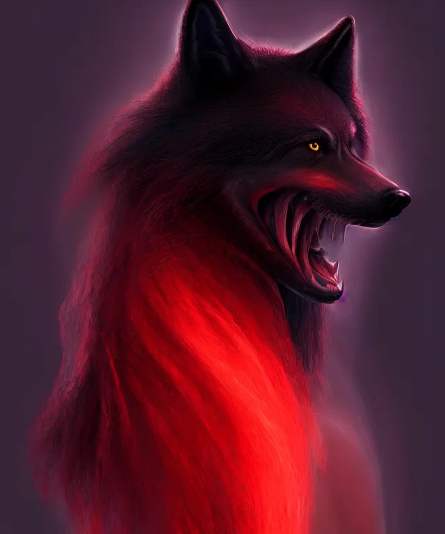 Prompt: award winning painting of a anthropomorphic black male wolf long red hair. artstation, volumetric lighting, highly detailed, photorealistic