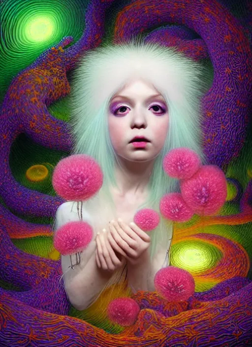 Image similar to hyper detailed 3d render like a Oil painting - kawaii portrait Aurora (white haired Singer Ferret) seen Eating of the Strangling network of yellowcake aerochrome and milky Fruit and Her delicate Hands hold of gossamer polyp blossoms bring iridescent fungal flowers whose spores black the foolish stars by Jacek Yerka, Mariusz Lewandowski, Houdini algorithmic generative render, Abstract brush strokes, Masterpiece, Edward Hopper and James Gilleard, Zdzislaw Beksinski, Mark Ryden, Wolfgang Lettl, hints of Yayoi Kasuma, octane render, 8k