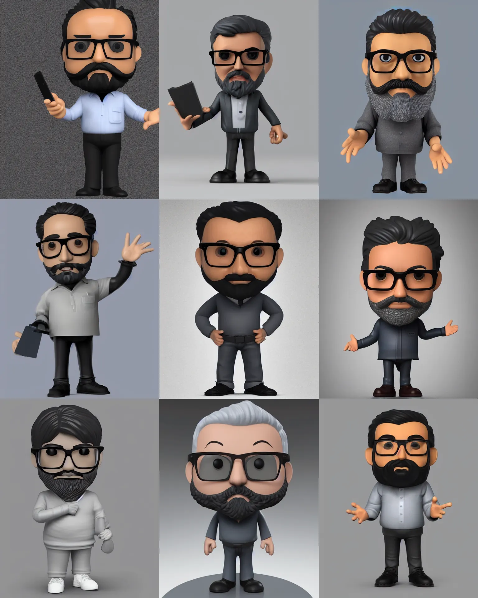 Prompt: full body 3 d render of middle aged indian it specialist, dark grey! balbo! beard, small glasses, dark hair, as a full body funko pop!, studio lighting, grey background, single body, no shadow, blender, trending on artstation, 8 k, highly detailed