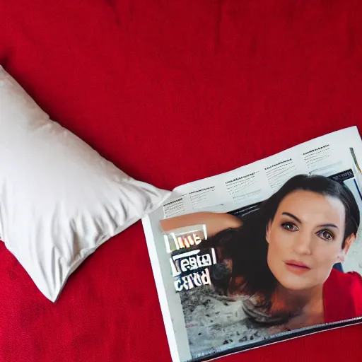 Prompt: photorealistic photo of a red t - shirt laying on a bed, displayed, magazine photo
