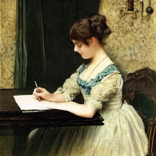 Image similar to victorian girl in ball gown writing a letter, painting by alfred stevens