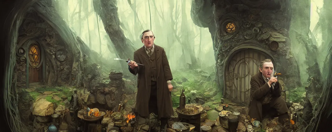 Image similar to duotone concept illustration 3 / 4 portrait of jrr tolkien in hobbit house smoking pipe rustical style. cinematic volumentric lighting. accidental renaissance. by sachin teng and sergey kolesov and ruan jia and heng z. graffiti art, scifi, fantasy, hyper detailed. octane render. concept art. trending on artstation