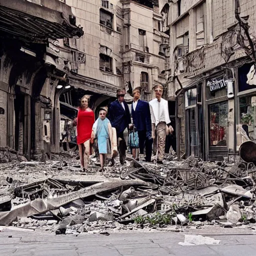 Prompt: modern city destroyed by war in ruins with rich people walking around with shopping bags laughing and having fun, color photograph