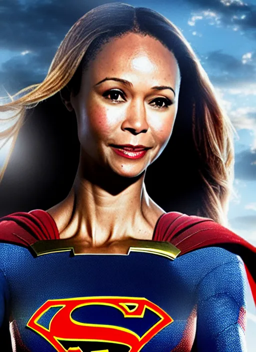 Prompt: thandiwe newton as supergirl, photorealistic, 8 k hd resolution