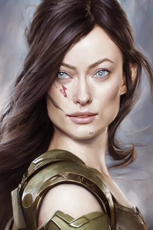 Image similar to a professional painting of a young Olivia Wilde, clothes in military armor, olive skin, long dark hair, beautiful bone structure, symmetrical facial features, intricate, elegant, digital painting, concept art, smooth, sharp focus, illustration, from StarCraft by Ruan Jia and Mandy Jurgens and Artgerm and William-Adolphe Bouguerea