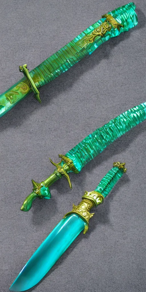 Prompt: photograph of a wide green and teal crystal sword blade attached to a big gold sword hilt