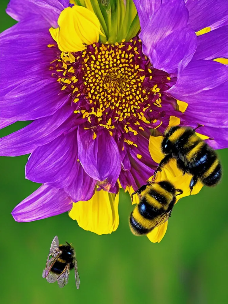 Image similar to bumble bee flying through glowing ring landing on a purple dahlia, hyper-detailed, digital art, artist Bev Dolittle