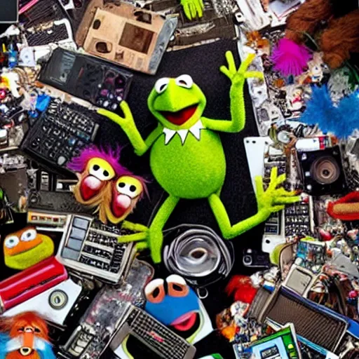 Image similar to muppets covered in electronic garbage