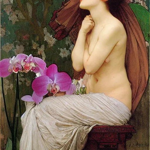 Image similar to art nouveou style painting of Phalaenopsis orchids, high detail by francis mucha, John William Waterhouse, William-Adolphe Bouguereau