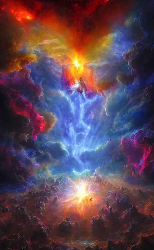 Prompt: horde of demons and angels flying into a nebula portal in the sky, detailed, vivid colors, masterpiece painting, octane render, neon colors, volumetric lighting, cinematic, by gustave dore, by michelangelo, by h. r. giger