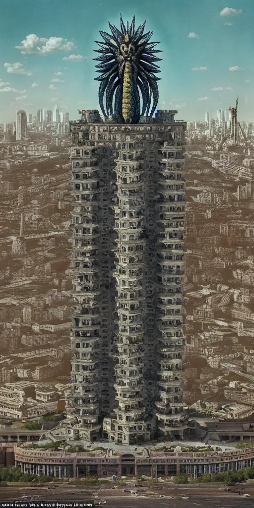 Prompt: colossal Beelzebub flower in the middle of post soviet constructivist cityscape, Stalinist architecture, brutalist architecture, ultradetailed, Intricate by Wes Anderson and MC Esher and H.R. Giger