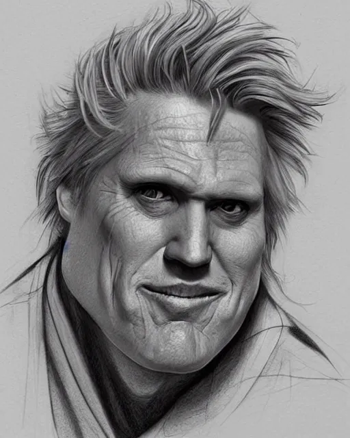 Prompt: a beautiful hyperrealistic portrait pencil sketch from a picture, of an old alcoholic Gary Busey Batman by Peter Mohrbacher, technical drawing, blueprint diagram, trending on artstation